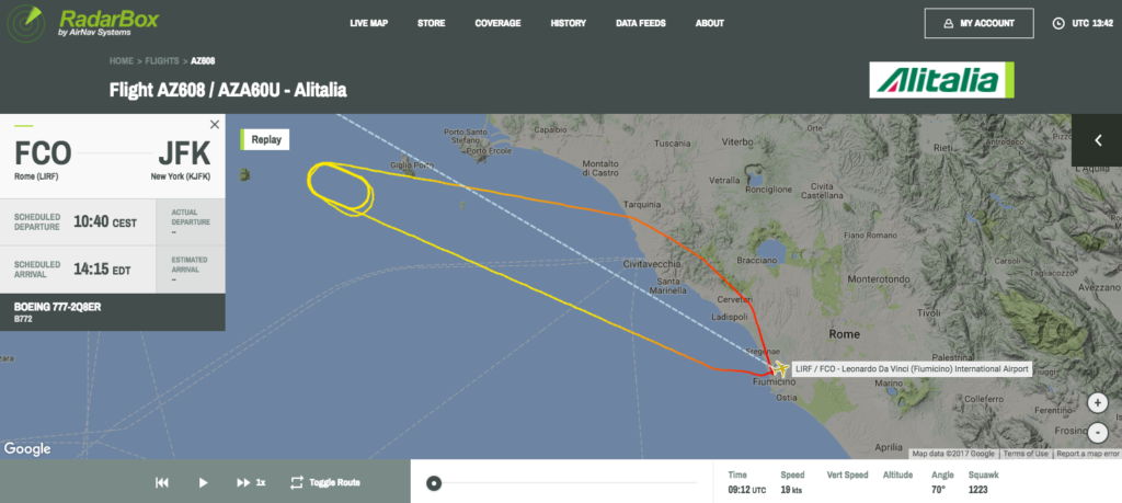 Screenshot della rotta di EI-FNI. Fonte: Radarbox