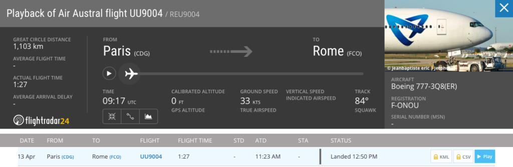 Volo UU9004 da Parigi a Roma. Credit: Flightradar24